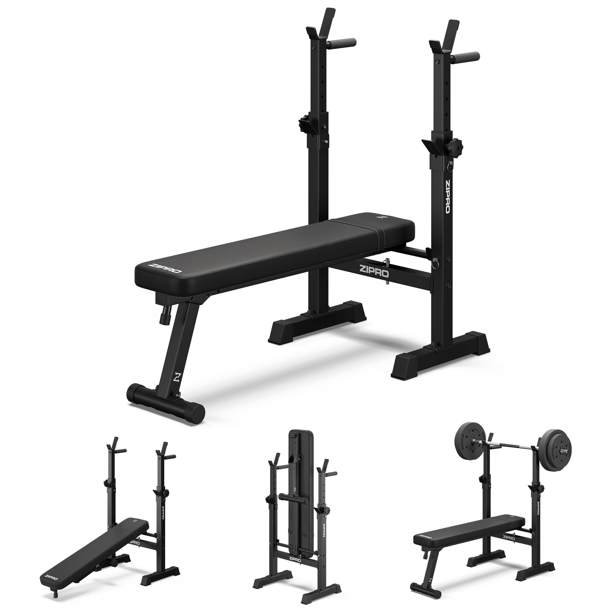 Zipro Bankdrücken Bank Core, Fitnessbank mit verstellbaren Hantelablagen, klappbar Bench Press, Drückerbank mit Liegestützgriffen, Gesamtbelastbarkeit 230kg, Kraftstation ohne Stange