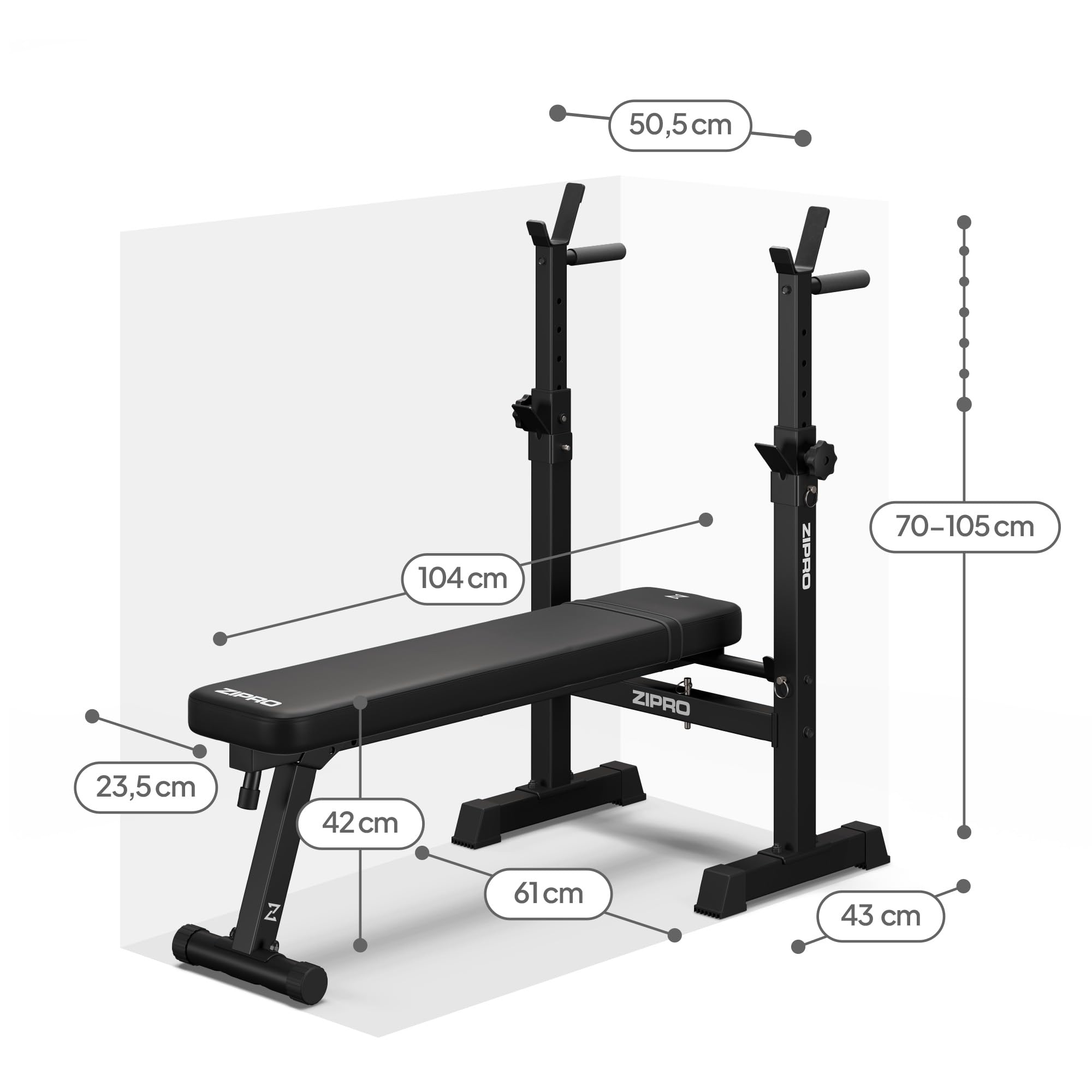 Zipro Bankdrücken Bank Core, Fitnessbank mit verstellbaren Hantelablagen, klappbar Bench Press, Drückerbank mit Liegestützgriffen, Gesamtbelastbarkeit 230kg, Kraftstation ohne Stange